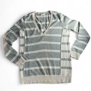 Madewell Wallace Grey Ivory Striped V Neck Soft Wool Blend Tunic Sweater M